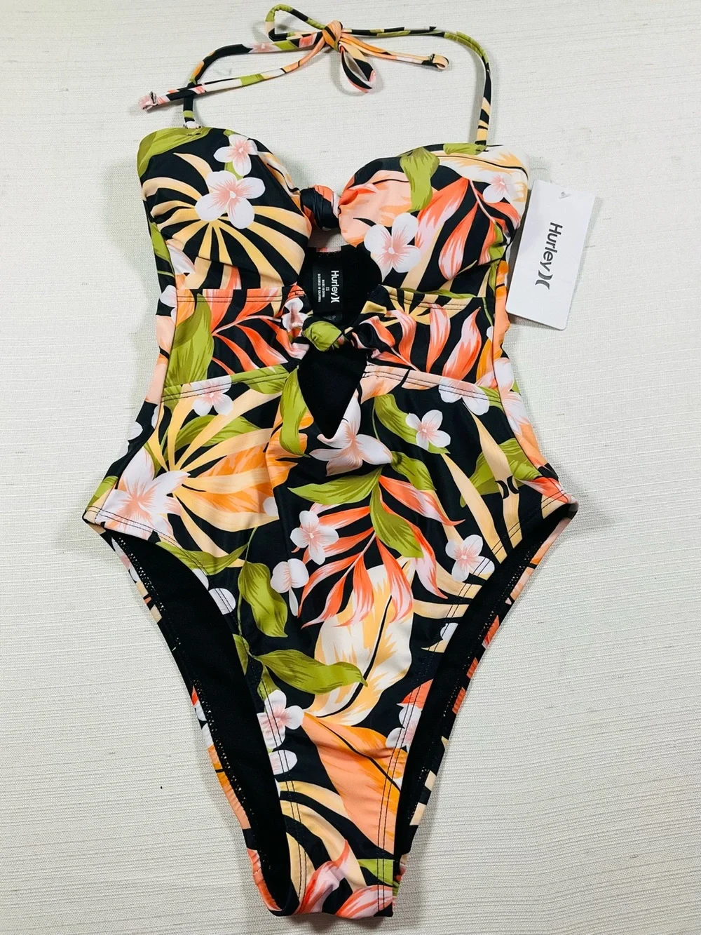 NWT HURLEY Women’s Black Hawaiian Tropical Floral High Waist One-Piece Swimsuit